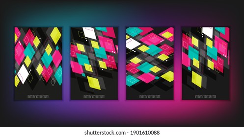 Abstract geometric composition forms modern background with decorative triangles and patterns backdrop vector illustration set