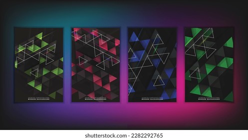 Abstract geometric composition forms modern background with decorative triangles and patterns backdrop vector illustration set