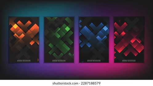 Abstract geometric composition forms modern background with decorative triangles and patterns backdrop vector illustration set