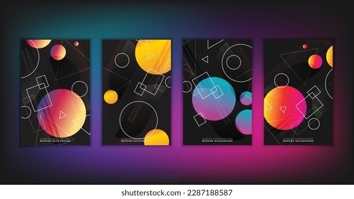 Abstract geometric composition forms modern background with decorative triangles and patterns backdrop vector illustration set