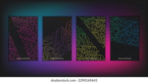 Abstract geometric composition forms modern background with decorative triangles and patterns backdrop vector illustration set