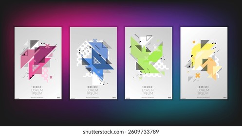Abstract geometric composition forms modern background with decorative triangles and patterns backdrop vector illustration set