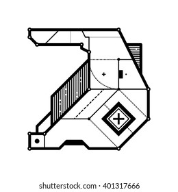 Abstract geometric composition with futuristic techno elements. Style of modern art and graffiti. The design element is isolated on a white background, suitable for prints, posters and cd covers.
