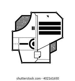 Abstract geometric composition with futuristic techno elements. Style of modern art and graffiti. The design element is isolated on a white background, suitable for prints, posters and cd covers.