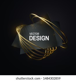 Abstract geometric composition with glittering bend shapes and golden rings. Vector 3d illustration. Trendy banner template. Geometry objects composition. Jewelry label design