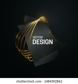 Composición geométrica abstracta con formas relucientes y anillos dorados. Ilustración de moda vectorial 3d. Plantilla de banner de moda. Composición de objetos geométricos. Diseño de etiquetas de joyas