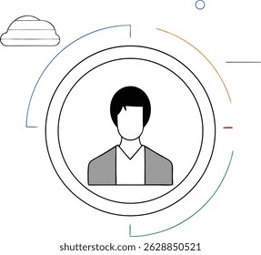 Abstract geometric composition with graphic elements featuring colorful transparent arcs