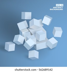 Abstract geometric composition with gray 3d cubes and squares on blue background isolated vector illustration