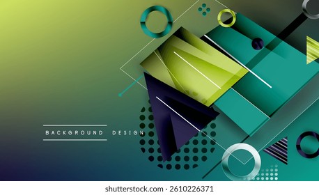Abstract geometric composition. Green, blue gradients. Overlapping shapes, lines create dynamic visual effect. Modern design elements.