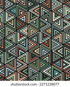 Composición geométrica abstracta con triángulos verdes, naranjas y grises sobre un fondo negro.  Patrón vectorial sin cable. Diseño ornamental para proyectos textiles, envoltura, impresión, web y decorativos.