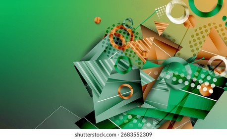 Abstract geometric composition. Green, orange hues dominate. Shapes overlap, creating dynamic visual effect. Modern design elements present.