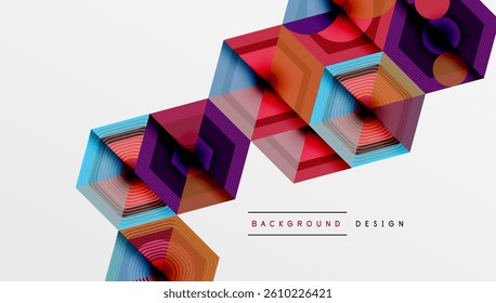 Abstract geometric composition. Hexagonal prisms, vibrant colors, dynamic lines create modern design. Minimalist aesthetic, clean presentation.