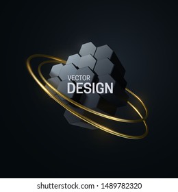 Abstract geometric composition with hexagonal shapes and golden rings. Vector 3d illustration. Trendy banner template. Geometry objects composition. Black honeycomb object. Jewelry label design