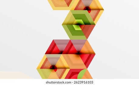 Abstract geometric composition. Hexagonal shapes stack, creating dynamic visual effect. Warm colors dominate, with subtle gradients.