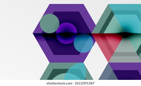 Abstract geometric composition. Hexagons, circles overlap creating layered effect. Cool tones dominate with purple, teal, hints red. Modern design, clean lines.
