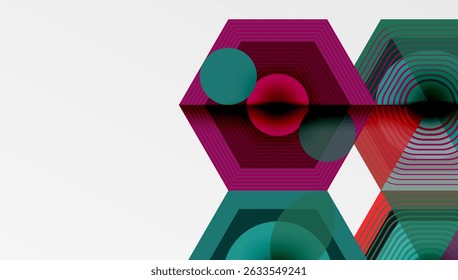 Composição geométrica abstrata. Hexágonos, círculos se sobrepõem criando um efeito visual vibrante. Design moderno, linhas limpas, cores arrojadas presentes.