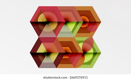 Abstract geometric composition. Hexagons overlap, creating optical illusion. Warm colors dominate, with layered textures. Modern design.