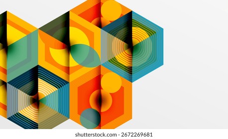 Abstract geometric composition. Hexagons overlap, creating vibrant patterns. Orange, yellow, blue dominate design. Modern aesthetic.