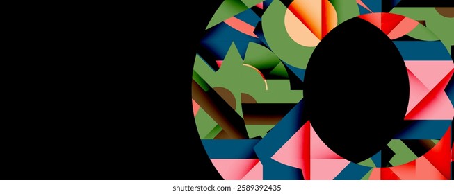 Abstract geometric composition with interlocking circular and angular shapes, featuring smooth gradients and sharp contrasts on a white background