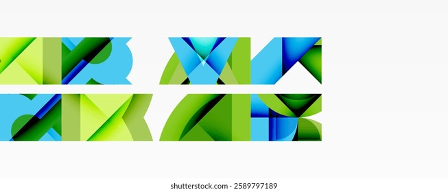 Abstract geometric composition with interlocking circular and angular shapes, featuring smooth gradients and sharp contrasts on a white background