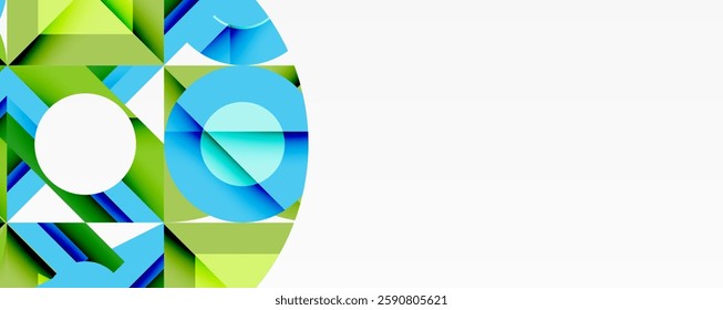 Abstract geometric composition with interlocking circular and angular shapes, featuring smooth gradients and sharp contrasts on a white background