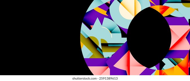 Abstract geometric composition with interlocking circular and angular shapes, featuring smooth gradients and sharp contrasts on a white background