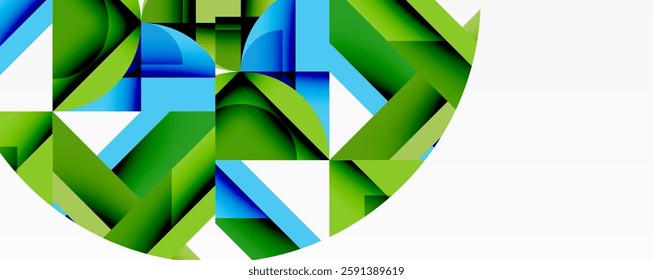Abstract geometric composition with interlocking circular and angular shapes, featuring smooth gradients and sharp contrasts on a white background