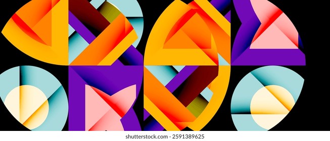 Abstract geometric composition with interlocking circular and angular shapes, featuring smooth gradients and sharp contrasts on a white background