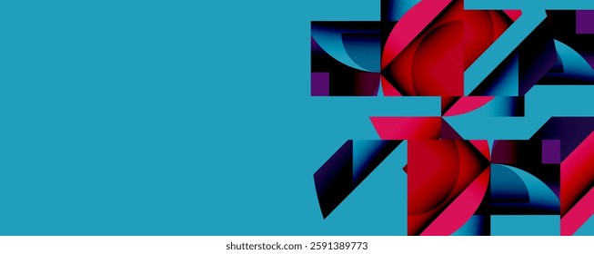 Abstract geometric composition with interlocking circular and angular shapes, featuring smooth gradients and sharp contrasts on a white background