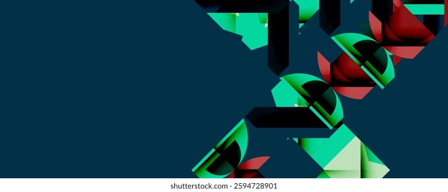 Abstract geometric composition with interlocking circular and angular shapes, featuring smooth gradients and sharp contrasts on a white background