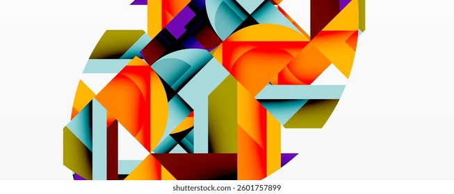 Abstract geometric composition with interlocking circular and angular shapes, featuring smooth gradients and sharp contrasts on a white background
