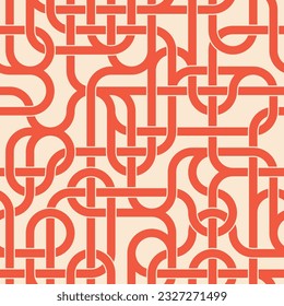 Abstract geometric composition of intersecting red lines on a white background. Metro map style. Tangles pipes. Connection concept. Modern texture. Seamless repeating pattern. Vector illustration.