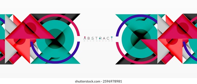 Abstract geometric composition with intersecting triangles, circles, and gradients, creating a dynamic layered pattern with depth and contrast