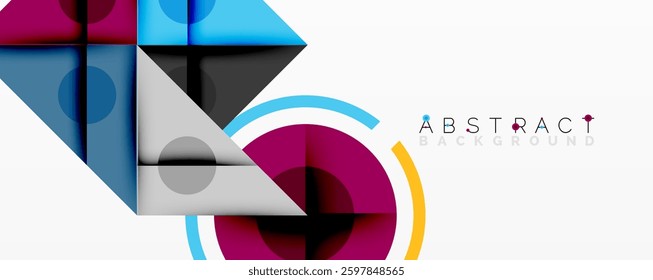Abstract geometric composition with intersecting triangles, circles, and gradients, creating a dynamic layered pattern with depth and contrast