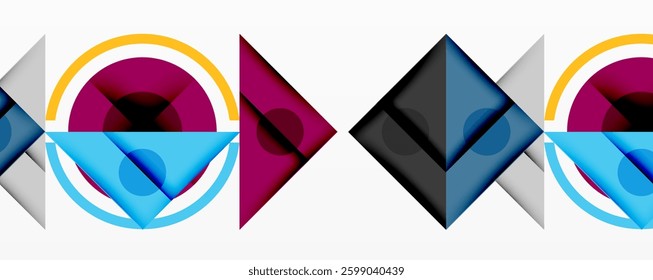 Abstract geometric composition with intersecting triangles, circles, and gradients, creating a dynamic layered pattern with depth and contrast