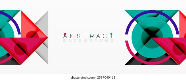 Abstract geometric composition with intersecting triangles, circles, and gradients, creating a dynamic layered pattern with depth and contrast