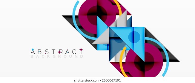 Abstract geometric composition with intersecting triangles, circles, and gradients, creating a dynamic layered pattern with depth and contrast