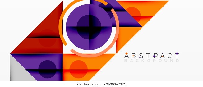 Abstract geometric composition with intersecting triangles, circles, and gradients, creating a dynamic layered pattern with depth and contrast