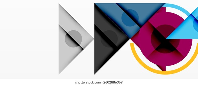 Abstract geometric composition with intersecting triangles, circles, and gradients, creating a dynamic layered pattern with depth and contrast
