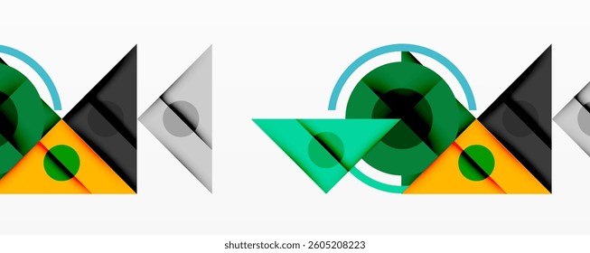 Abstract geometric composition with intersecting triangles, circles, and gradients, creating a dynamic layered pattern with depth and contrast