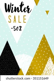 Abstract geometric composition in light blue, white, black and gold. Modern winter sale poster, flyer, brochure design.