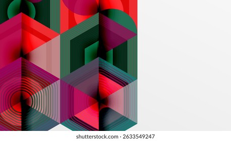 Abstract geometric composition. Lines create illusion depth, vibrant colors dominate design. Modern aesthetic, clean presentation.
