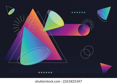 Resumen de la composición geométrica de los conos 3d del gradiente de arco iris líquido y triángulos 2d con otros elementos geo de línea sobre fondo negro