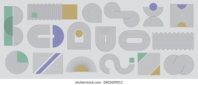Abstract geometric composition with minimalist line patterns, concentric arches, waves, circles, rectangles, spirals and zigzag elements. Modern Bauhaus inspired decorative design in muted pastel colours on a light neutral background.
