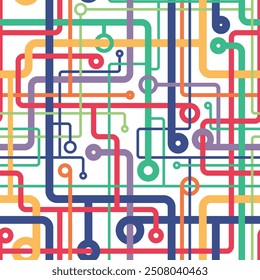 Abstract geometric composition with multicolored intersecting lines in a metro map style on a white background. Connection concept. Seamless repeating pattern. Vector illustration.