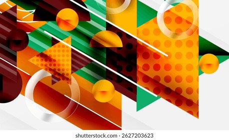 Abstract geometric composition. Orange, green, maroon shapes overlap. Lines create dynamic visual interest. Modern design elements present.