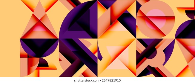 Composição geométrica abstrata. As formas laranja, roxa e vermelha se cruzam. Design moderno, cores vibrantes, padrão dinâmico.