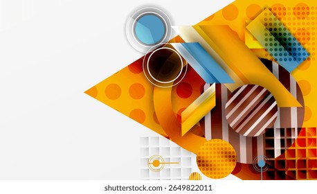 Abstract geometric composition. Orange, red, blue shapes overlap. Modern design with halftone patterns, circles, squares. Bright, dynamic visual.