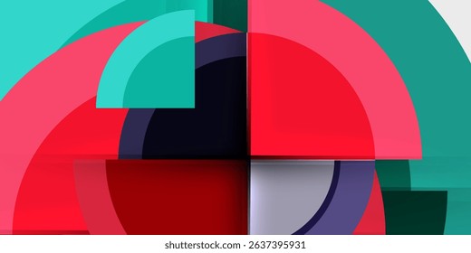 Abstract geometric composition. Overlapping arcs, rectangles create dynamic visual effect. Colors include red, teal, purple, white against black background.