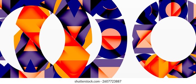 Abstract geometric composition. Overlapping circles, triangles, squares create dynamic pattern. Vibrant orange, red, purple hues dominate design. Modern aesthetic.